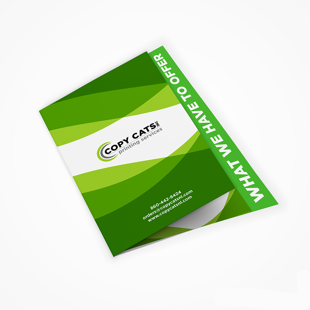 Black and gold printed brochures folded and flat.