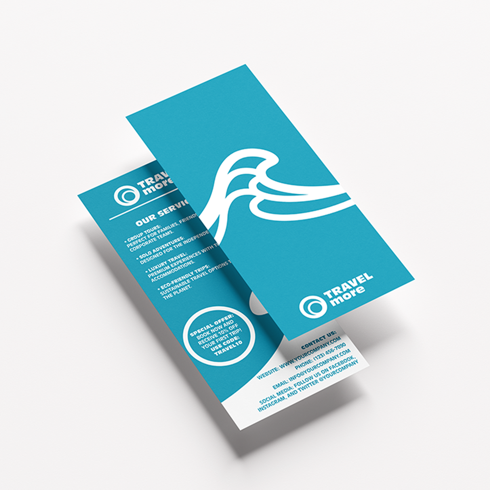 The front and back of a teal rack card with information about a travel company's offerings.